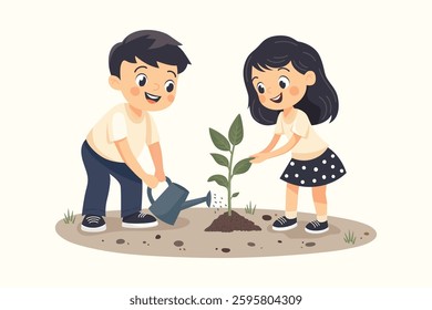 Happy Kids Planting And Watering a Tree. Eco Friendly Children Engaged In Gardening, Nature Conservation, Sustainability. Design Template for Green Energy, Ecology, Environment. Vector Illustration