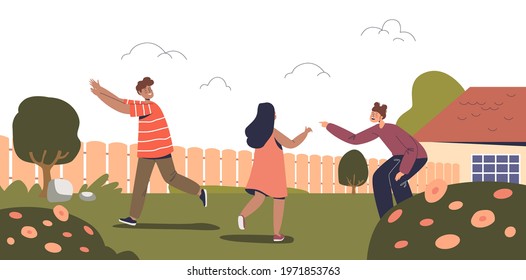 Happy kids play active games outdoors. Small children, friends, bothers and sister have fun together on backyard. Child leisure activity concept. Cartoon flat vector illustration