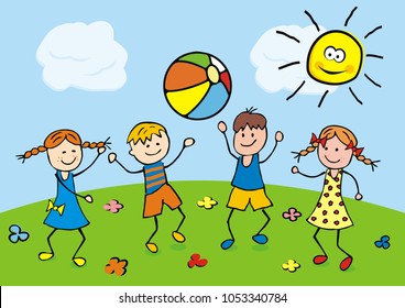 Happy kids play with a balloon on the meadow. Vector illustration.