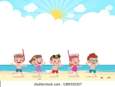 happy kids play at beach vector illustration