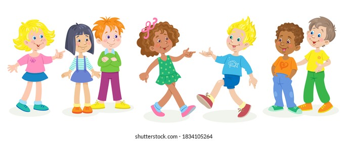 Happy kids play and dance at the party. Children of different nationalities. In cartoon style. Isolated on white background. Vector flat illustration.