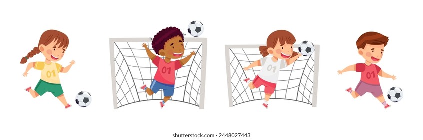 Happy Kids Play Football Enjoy Team Sport Game Vector Set