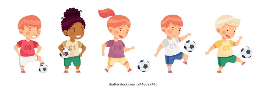 Happy Kids Play Football Enjoy Team Sport Game Vector Set