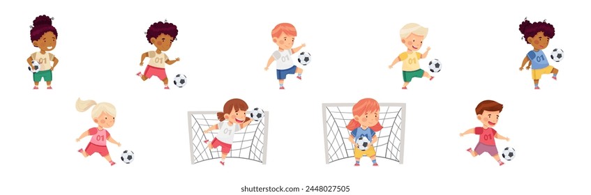 Happy Kids Play Football Enjoy Team Sport Game Vector Set