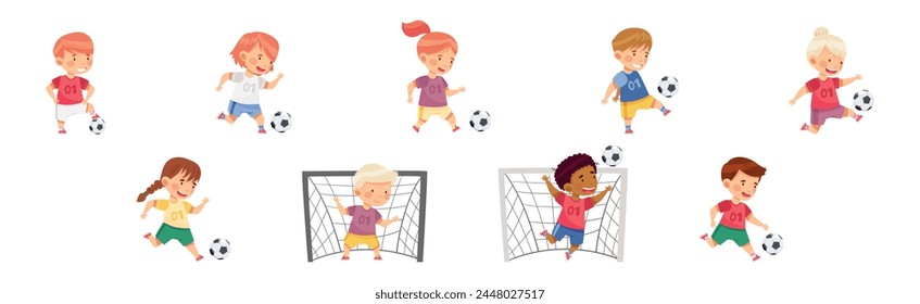 Happy Kids Play Football Enjoy Team Sport Game Vector Set