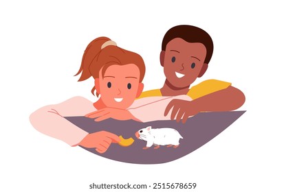 Crianças felizes brincam com hamster, alimentam fatia de frutas branca bonito animal de estimação. Menino e menina na mesa dando comida ao animal com amor e cuidado, crianças brincando juntos em casa desenho animado vetor ilustração