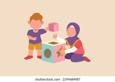 Niños felices jugando aprenden geometría 3d. Aprendiendo juntos el concepto. Ilustración de vector gráfico plano de color aislada.