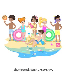 Happy kids play on the beach. Summer vacation by the sea. Children in swimsuits with rubber rings and balls wave handles. Vector illustration.