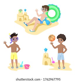Happy kids play on the beach. Summer vacation by the sea. Children in swimsuits with rubber rings and balls wave handles. Vector illustration.