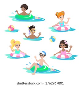 Happy kids play on the beach. Summer vacation by the sea. Children in swimsuits with rubber rings and balls wave handles. Vector illustration.