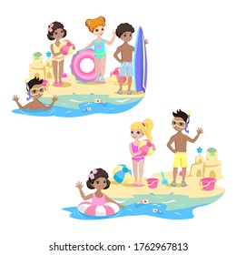 Happy kids play on the beach. Summer vacation by the sea. Children in swimsuits with rubber rings and balls wave handles. Vector illustration.