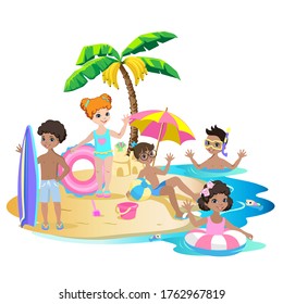 Happy kids play on the beach. Summer vacation by the sea. Children in swimsuits with rubber rings and balls wave handles. Vector illustration.