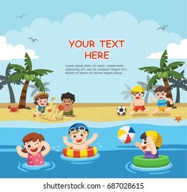 Happy kids play and swim at the beach.Template for advertising brochure.