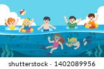 Happy kids play and swim in the sea. A Little boy diving with fish under the ocean. Kids having fun outdoors. Illustration Of Summer Kids.