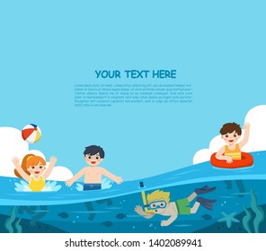 Happy kids play and swim in the sea. A Little boy diving with fish under the ocean. Kids having fun outdoors. Illustration Of Summer Kids.  Template for advertising brochure.