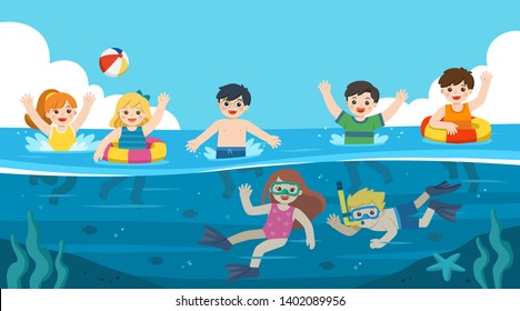 Niños felices jugando y nadando en el mar. Un niñito buceando con peces bajo el océano. Los niños se divierten al aire libre. Ilustración De Niños De Verano.