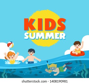 Happy kids play and swim in the sea. A Little boy diving with fish under the ocean. Kids having fun outdoors. Illustration Of Summer Kids.  Template for advertising brochure.