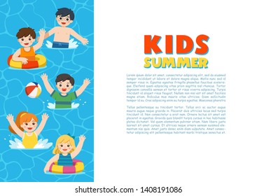 Happy kids play and swim in the sea. Kids having fun outdoors. Illustration Of Summer Kids. Template for advertising brochure.