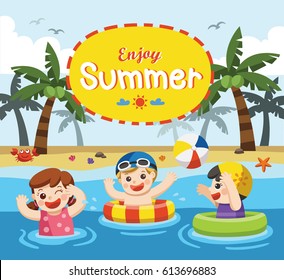 Happy kids play and swim at the sea.