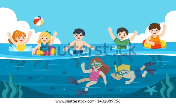 幸せな子供たちは海で遊び泳ぎをする 海の下で魚を持ってダイビングする少年 屋外で楽しんでる子供 夏の子供のイラスト のベクター画像素材 ロイヤリティフリー