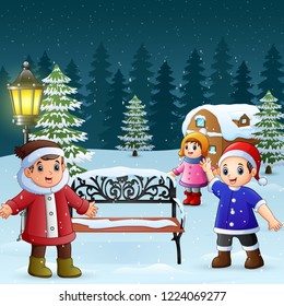 Happy kids play in winter background