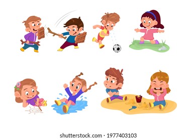 Happy kids playing active games, cartoon style flat characters.