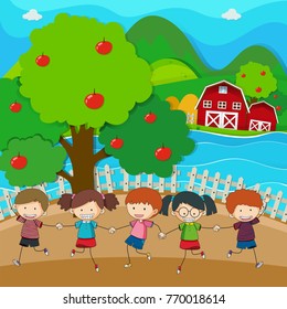 Happy kids playing in the apple orchard illustration
