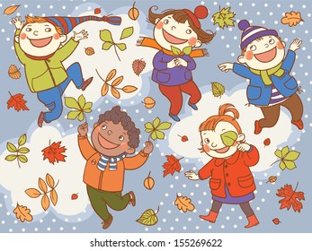 Happy Kids playing in Autumn Background with the Tree Leafs. Great Isolated objects can be use for school children book , advertising , post cards and etc. VECTOR.