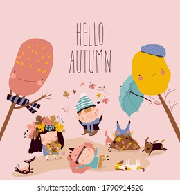 Joyeux gosses jouant avec des feuilles d'automne. Bonjour automne