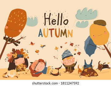 Happy Kids Playing With Autumn Leaves. Hello Autumn