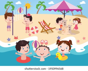 Happy kids playing at beach vector concept for banner, website, illustration, landing page, flyer, etc.