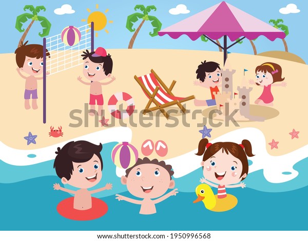 Happy Kids Playing Beach Vector Concept Stock Vector (Royalty Free ...