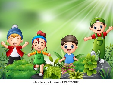 Happy kids playing in the beautiful park