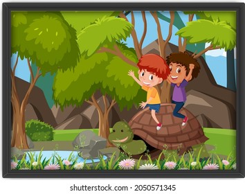 Niños felices jugando con una foto de una gran tortuga en una ilustración de cuadro