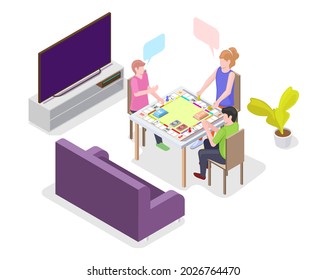 Happy Kids Playing Board Game Sitting At The Table, Flat Vector Isometric Illustration. Children Spending Time Together Playing Table Game. Home Leisure Activities.