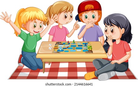 Niños felices jugando juego de mesa con ilustración de fondo blanco