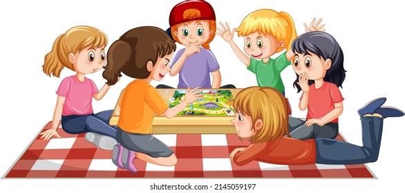 Happy Kids Playing Boardgame On White Background Illustration