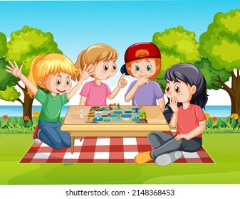 Happy Kids Playing Boardgame At Park Illustration