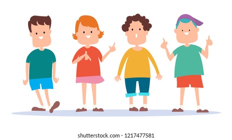 ็Asia Happy kids playing boys and girls aged 7-8 Elementary school  make funny parody jokes Different personality relationships childhood friendship concept Vector illustration cartoon character.