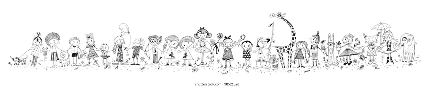 Happy Kids Playing (bw hand drawn vector sketch)