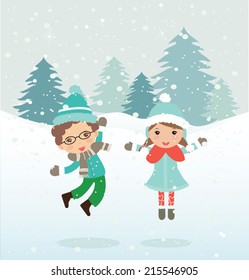 Happy kids playing. Can be used for retro christmas card. Vector illustration.
