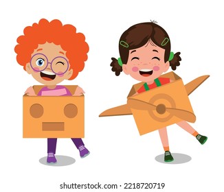 happy kids playing with cardboard car and cardboard airplane