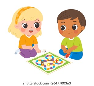 Happy kids playing a colorful board game together, enhancing social and cognitive skills in a fun and engaging way. Perfect for themes of childhood, learning, and friendship.
