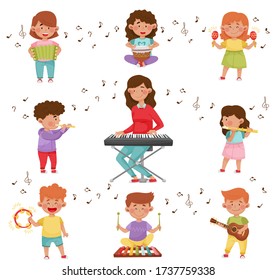 Happy Kids Playing Different Musical Instruments Vector Illustrations Set