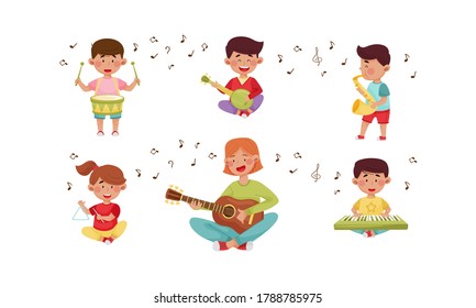 Happy Kids Playing Different Musical Instruments Vector Illustrations Set