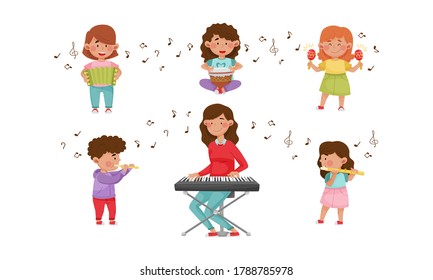 Happy Kids Playing Different Musical Instruments Vector Illustrations Set