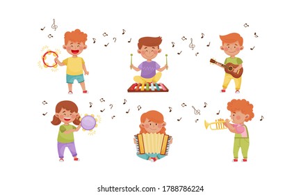 Happy Kids Playing Different Musical Instruments Vector Illustrations Set