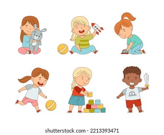 Happy Kids Playing Different Toys in the Nursery or Playroom Vector Set