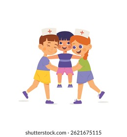 Happy kids playing doctor game,helping their friend. Kids friendship. Diversity among children. Vector illustration cartoon flat style