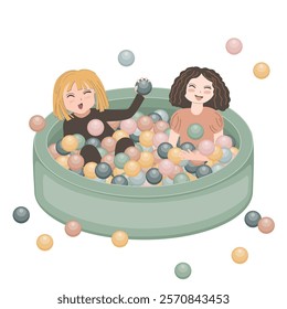 Happy kids playing in dry ball pool. Vector isolated illustration